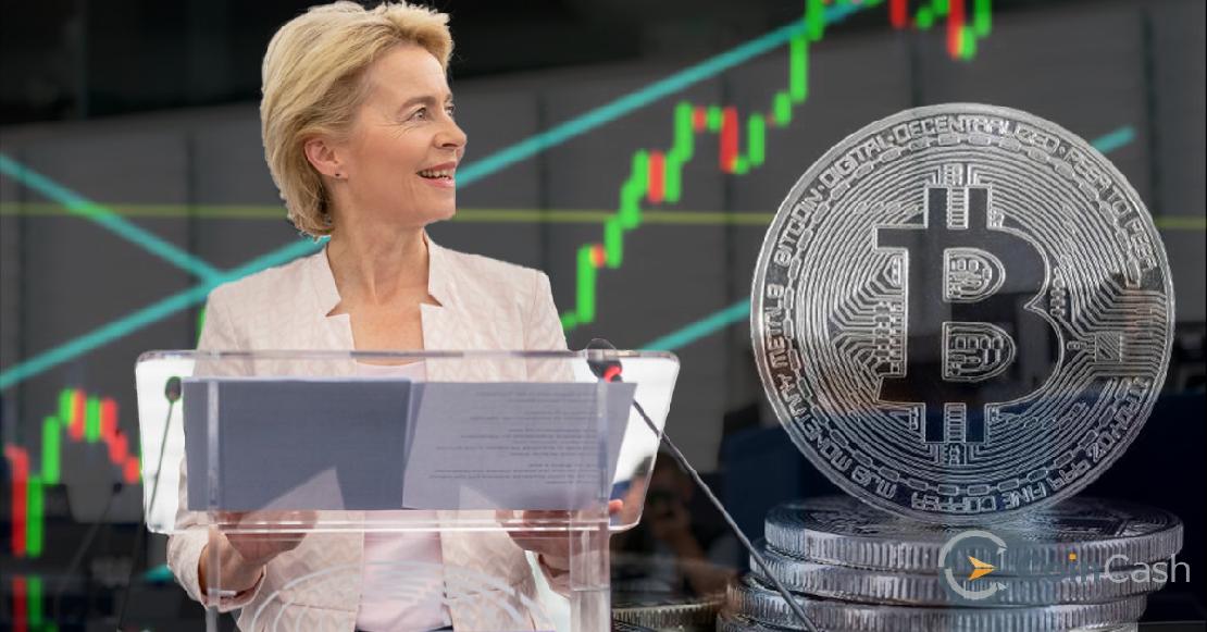 Ursula von der Leyen és egy bitcoin érme.